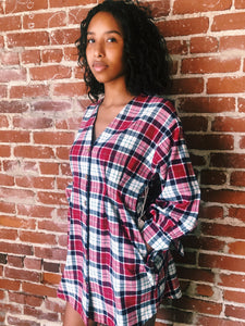 BAILEY BURGUNDY PLAID BUTTON DOWN DRESS