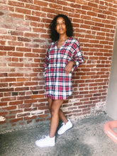 Load image into Gallery viewer, BAILEY BURGUNDY PLAID BUTTON DOWN DRESS