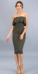 OLIVIA OLIVE GREEN MIDI TUBE DRESS WITH RUFFLE