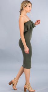 OLIVIA OLIVE GREEN MIDI TUBE DRESS WITH RUFFLE